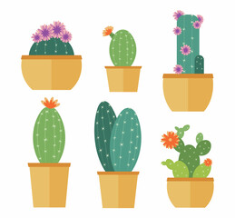 Set of cute cacti with flowers in pots. Flat icons. Design for decor. Vector illustration.