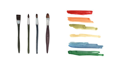 a set of brushes of different shapes, for watercolor or oil, watercolor drawing isolated on a white background