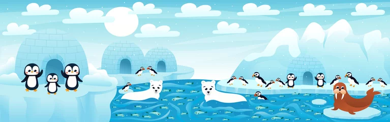 Fotobehang Polar landscape with cute cartoon animals with fish and iceberg, arctic scene with polar bear and penguins waving hands, seal sitting on snow, horizontal zoo poster for game design © Lozovytska