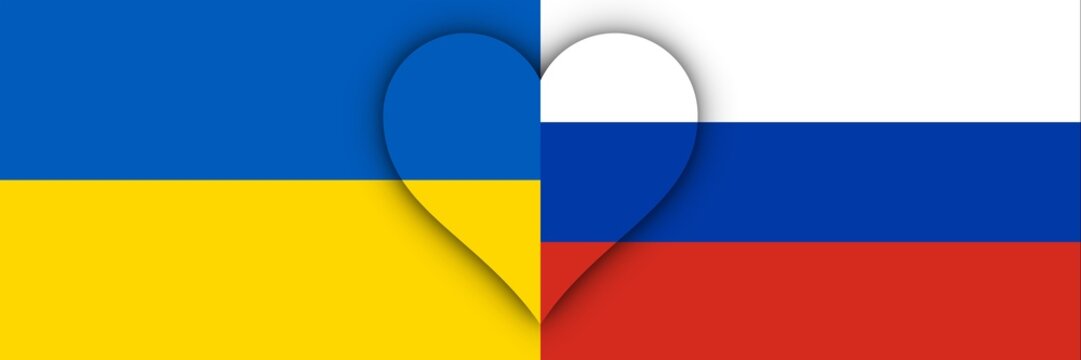 Banderas de Ucrania y Rusia unidas con un corazón
