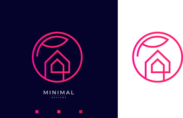 A line art icon logo of a house/home with a leaf circle	