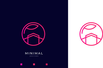 A line art icon logo of a house/home with a leaf circle	