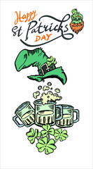 Saint Patricks Day vector illustration. Saint Patrick skull with green hat, glass beer and clover leaves. Skull. Irish skull.
