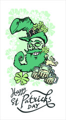 Saint Patricks Day vector illustration. Saint Patrick skull with green hat, glass beer and clover leaves. Skull. Irish skull.