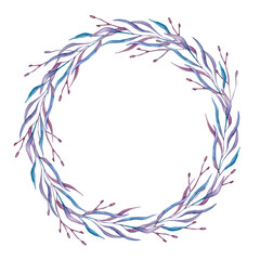 Wreath of twigs and long thin leaves. Round frame drawn by hand in watercolor, isolated on white background.