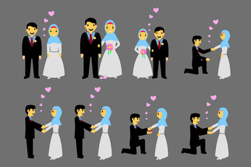 Simple Vector Set 8 Bride Couple Muslim and Muslimah or Islam People