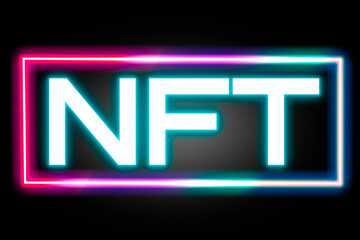 NFT text with a rainbow neon banner on black background.