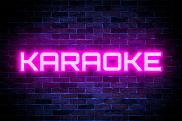 Fototapeta na wymiar Karaoke neon banner on brick wall background.