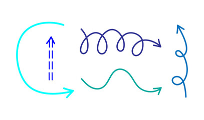 Hand drawn blue arrows. Isolated elements of pointers, arrows in doodle style. Vector illustration.
