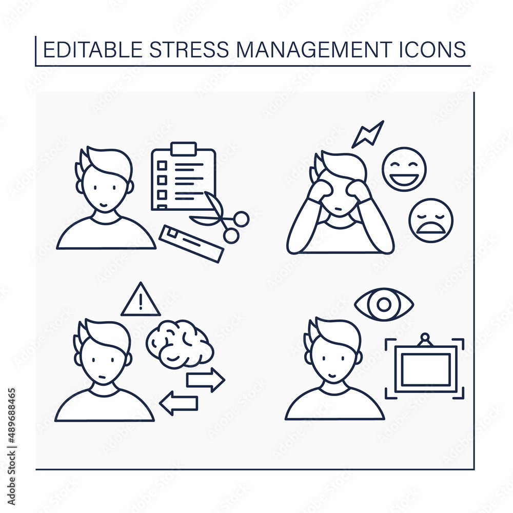 Poster stress management line icons set. perspective.reframe problems.feelings express.to do list. mental h