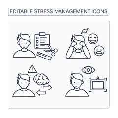 Stress management line icons set. Perspective.Reframe problems.Feelings express.To do list. Mental health concept. Isolated vector illustrations. Editable stroke