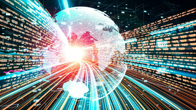 Futuristic global network and tacit digital data transfer 3D graphic . Concept of smart digital transformation and technology disruption that changes global trends in new information era .