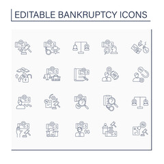 Bankruptcy line icons set. Legal process.Legally approved in court. Economy collapse concept. Isolated vector illustrations. Editable stroke