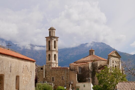 Panoramic view of church Saint-Blaise in Calenzana, a traditional village in the Balagne. Corsica, France.