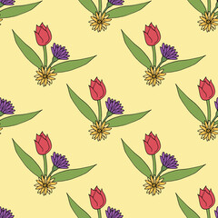 Seamless pattern with spring flowers on light yellow background. Vector image.