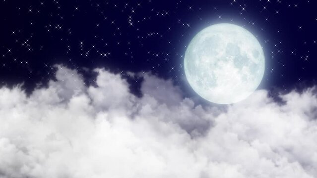 clouds with full moon and starry night animation,glowing and shiny stars and big moon,space and galaxy,dark night sky