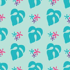 Tropical leaves and flowers seamless pattern, green background