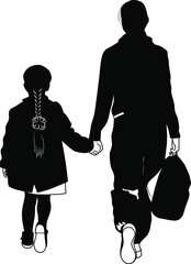 Black and white image of mother with daughter going to school vector illustration