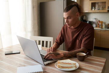 Fototapeta na wymiar Serious young man having coffee and sandwich for breakfast when working on laptop at table in kitchen