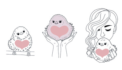 Cute Little Owl icon, Sketch Bird illustration with pink heart