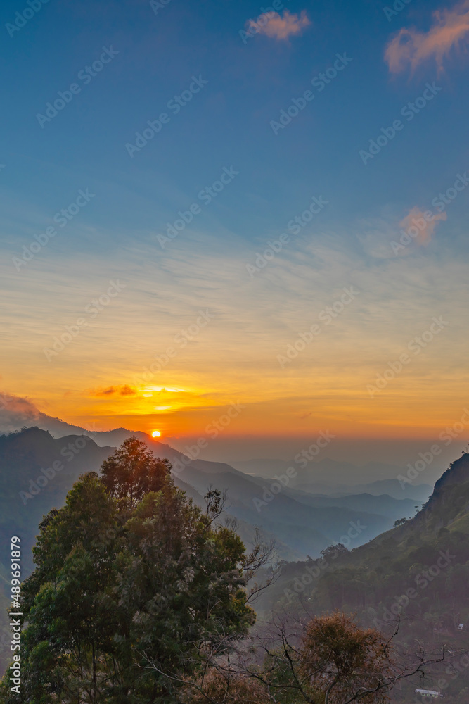 Wall mural panorama sunrise in ella with view to adams peak, background sunrise, sri lanka