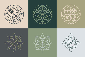 Set of vector geometric circle outline ornamental elements. Designs for logo or decorations in minimal trendy style.