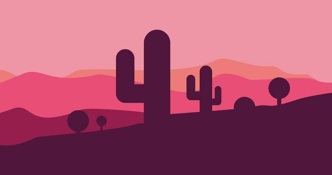 Modern cartoon cactus mountains parallax animation video
