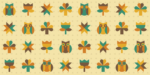 Cute geometric seamless pattern with stylized owls, flowers, clovers, stars. Decorative colorful modern repeating background. 