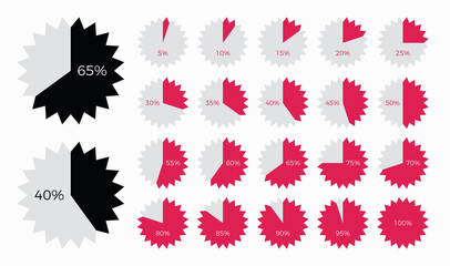 Set of trendy circle star shape infographic pie chart diagrams design elements with percentages.