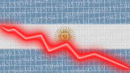 Argentina flag and economic and finance growth progress chart report - red neon zigzag down line – 3D Illustrations