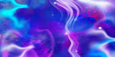 abstract night sky space watercolor background with stars. watercolor dark blue nebula universe. watercolor hand drawn illustration. Blue and pink gradient watercolor ombre leaks and splashes texture.