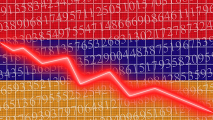 Armenia flag and economic and finance growth progress chart report - red neon zigzag down line – 3D Illustrations
