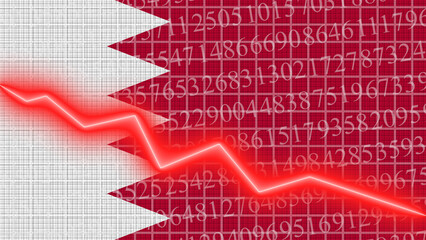 Bahrain flag and economic and finance growth progress chart report - red neon zigzag down line – 3D Illustrations