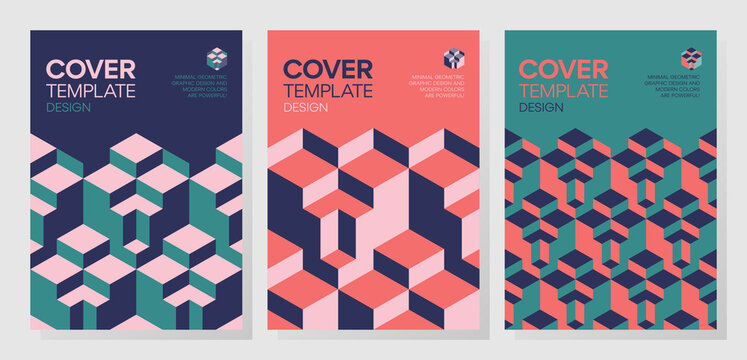 Set of trendy abstract 3d optical illusion geometric shapes cover design. 