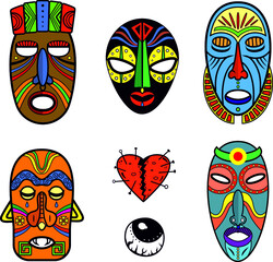 Set of African Voodoo masks. Traditional fetish totem. Tribal vector illustration