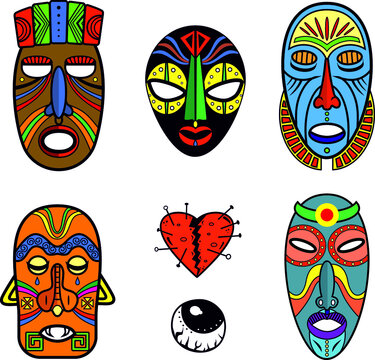 Set of African Voodoo masks. Traditional fetish totem. Tribal vector illustration 