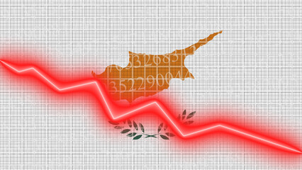 Cyprus flag and economic and finance growth progress chart report - red neon zigzag down line &ndash; 3D Illustrations