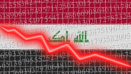Iraq flag and economic and finance growth progress chart report - red neon zigzag down line – 3D Illustrations
