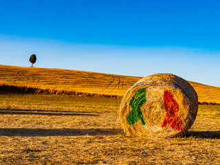 Stunning tuscan landscape with rolling hill and hay bale with italian flag in foreground

