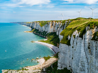 Impressive view of Fecamp coastline, vertical white cliffs in the Alabaster Coast, Normandy, France
 - obrazy, fototapety, plakaty