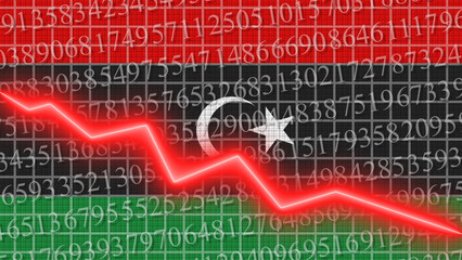 Libya flag and economic and finance growth progress chart report - red neon zigzag down line – 3D Illustrations