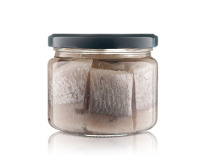 Herring sliced in jar with a shadow isolated on white background