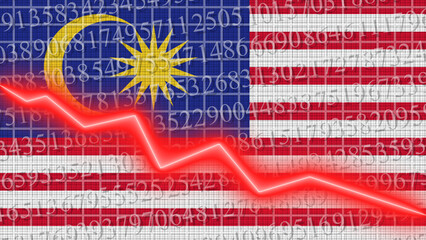 Fototapeta premium Malaysia flag and economic and finance growth progress chart report - red neon zigzag down line – 3D Illustrations