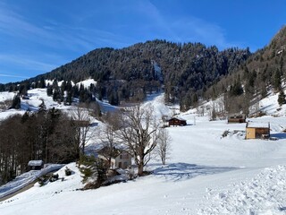 Winter snow idyll in the Thur river valley (or Thurtal) between the Alpstein and Churfirsten mountain massifs, Alt St. Johann - Obertoggenburg region, Switzerland (Schweiz)