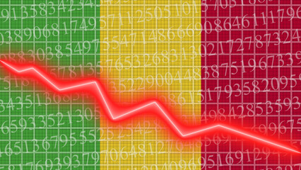 Mali flag and economic and finance growth progress chart report - red neon zigzag down line – 3D Illustrations