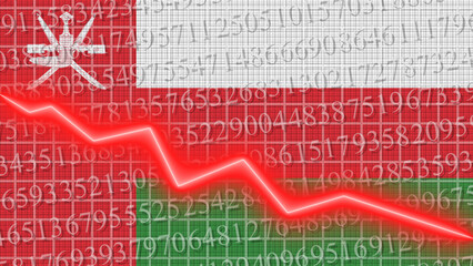 Fototapeta premium Oman flag and economic and finance growth progress chart report - red neon zigzag down line – 3D Illustrations