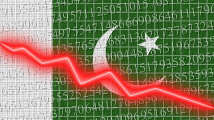 Pakistan flag and economic and finance growth progress chart report - red neon zigzag down line – 3D Illustrations