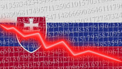 Slovakia flag and economic and finance growth progress chart report - red neon zigzag down line – 3D Illustrations