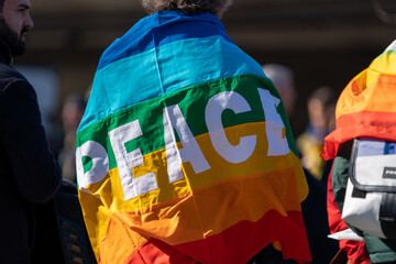 Up to 20’000 People with banners at Bern protesting Russian Aggression in Ukraine. Bern,...