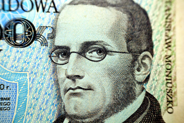 Portrait of Stanisław Moniuszko, old Polish Zloty money, Poland, vintage retro, selective focus of...